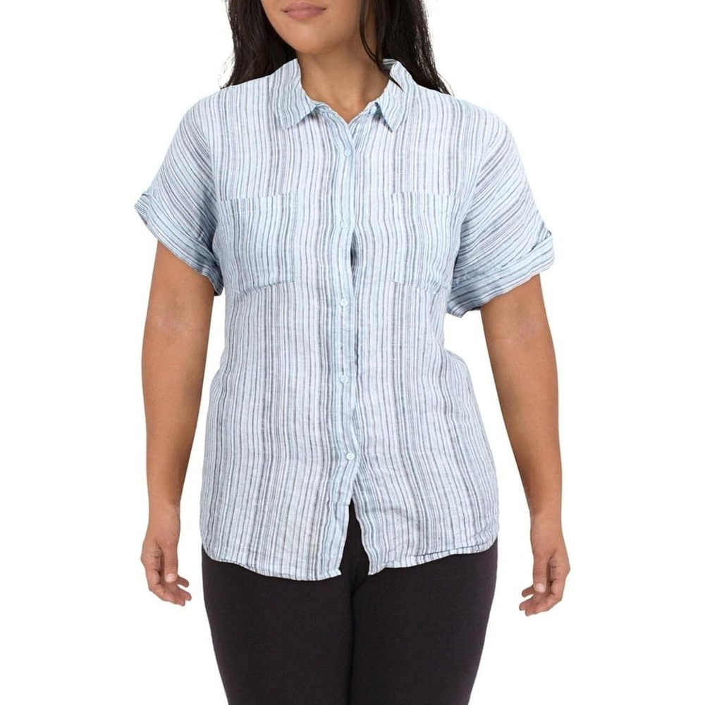 NYDJ LINEN Blue Stripe Short Sleeves Button Up Coastal Resort Boho Shirt Women L